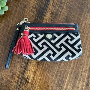 Spartina 449 | Linen & Leather Wristlet in a Cream, Black & Red Geometric Print
